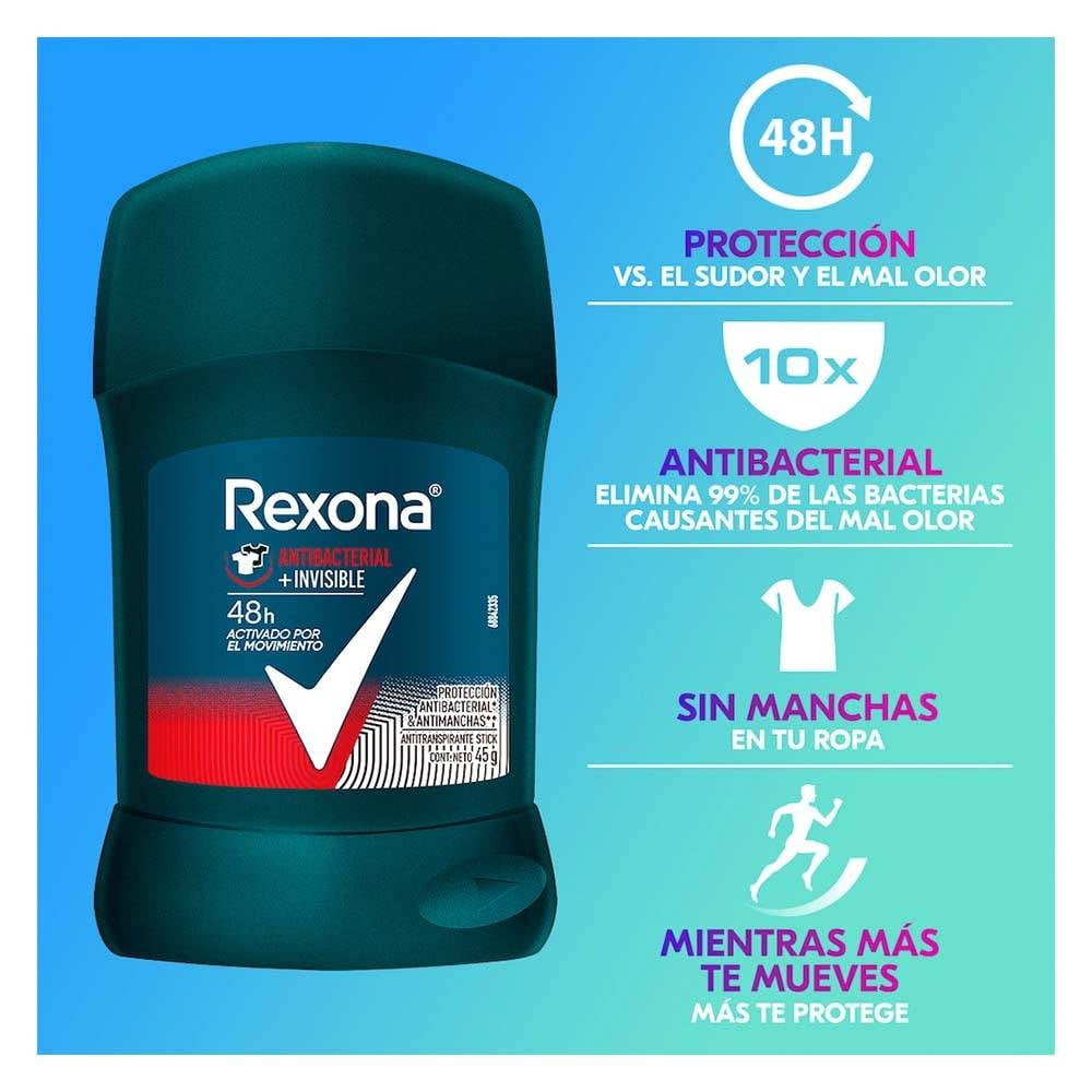 Antitranspirante Rexona antibacterial + invisible en barra para dama 45 g