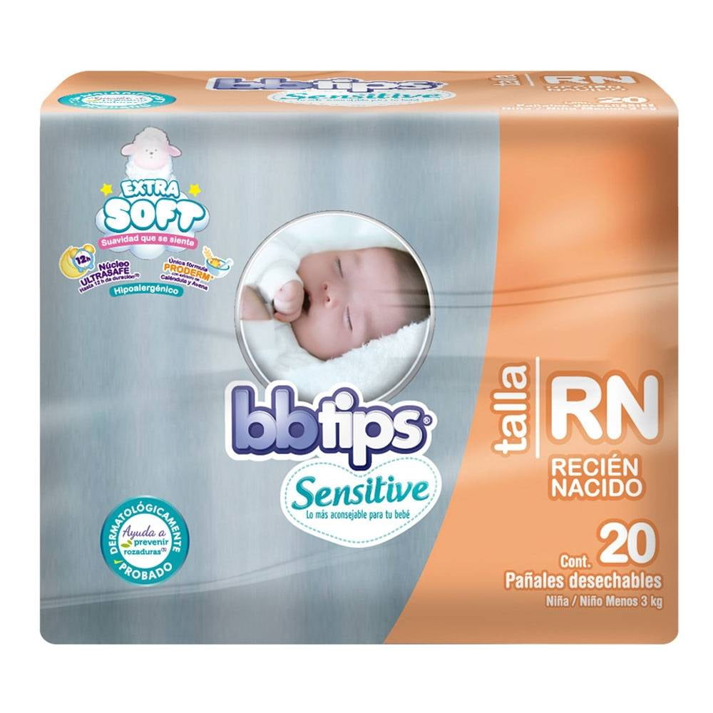 Pañales BBTips Sensitive talla recién nacido unisex 20 piezas