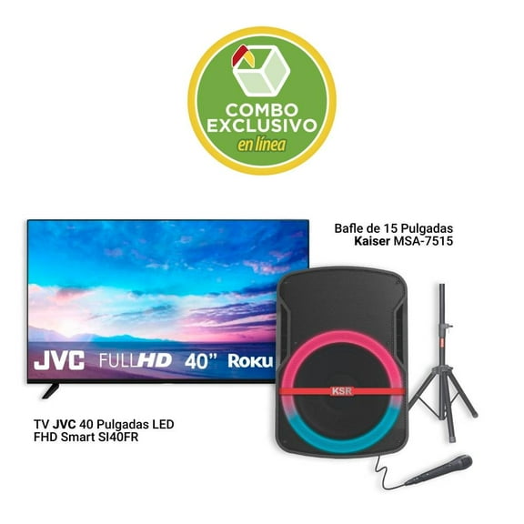 Combo Pantalla 40 pulgadas JVC LED FHD Smart más Bafle de 15 Pulgadas Kaiser