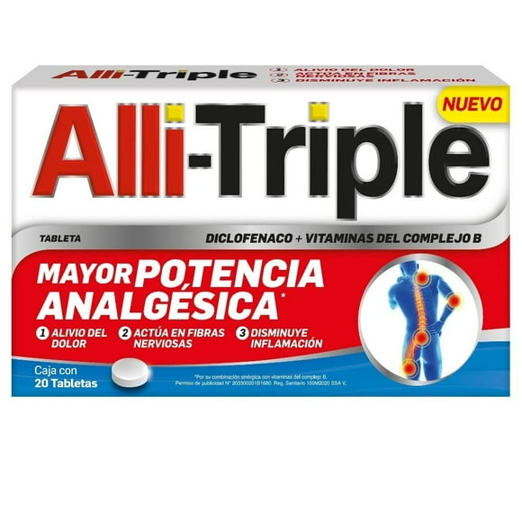 Analgésico Alli-triple Diclofenaco + Vitaminas del Complejo B 20 tabletas