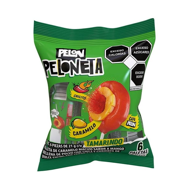 Paleta de caramelo macizo Pelón Peloneta de tamarindo sabor mango 6 pzas de 21 g c/u