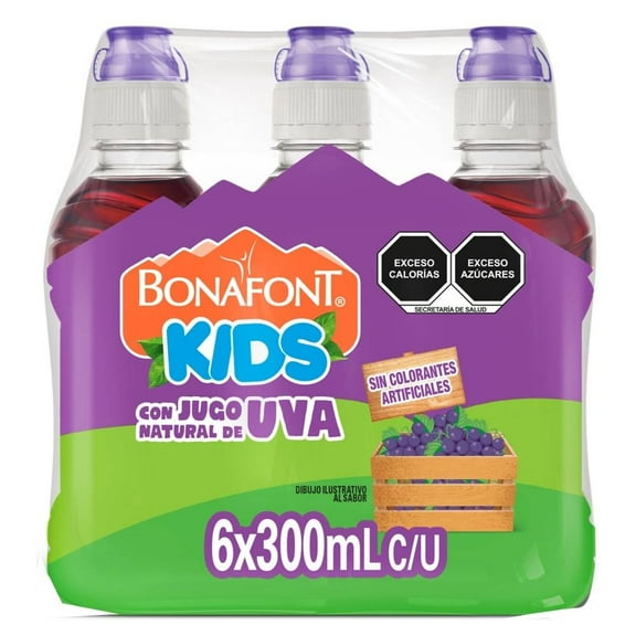 Agua Bonafont Kids con jugo natural de uva tapa chupón pack 6 botellas 300 ml c/u