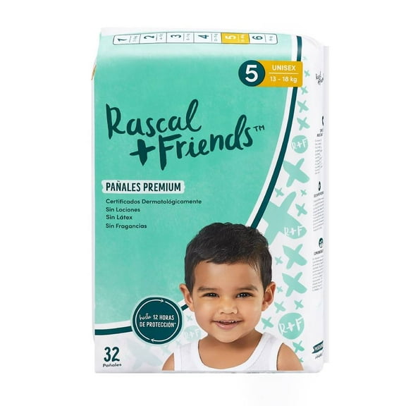 Pañales Rascal + Friends premium etapa 5 unisex 32 pzas