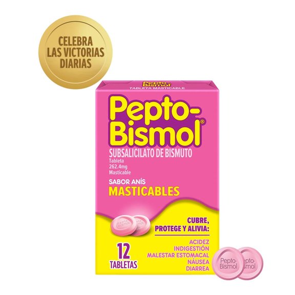 Tabletas masticables Pepto Bismol para el malestar estomacal y diarrea 12 pzas