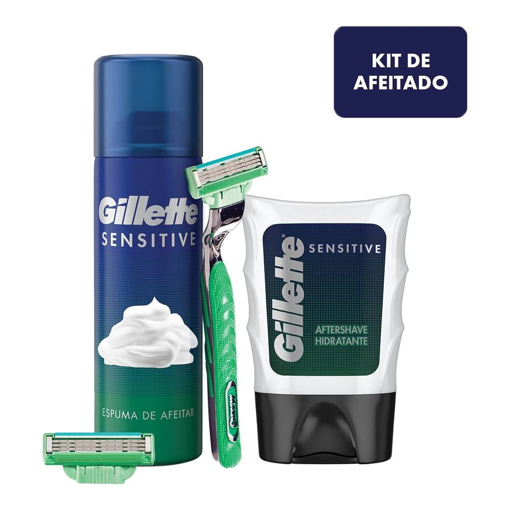 Kit rastrillo para afeitar Gillette Sensitive repuestos + espuma de afeitar  + aftershave