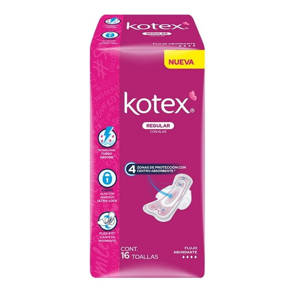 Toallas femeninas Kotex Regular con alas flujo abundante con 16 piezas