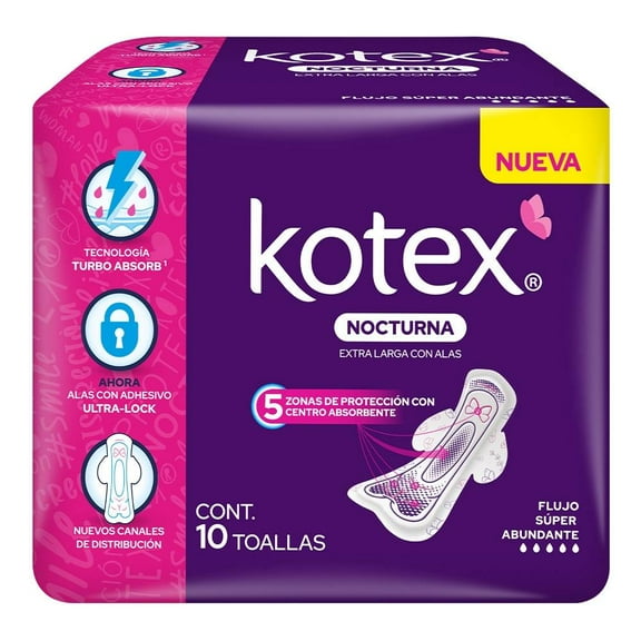 Toallas femeninas Kotex Nocturna extra larga con alas flujo super abundante 10 piezas