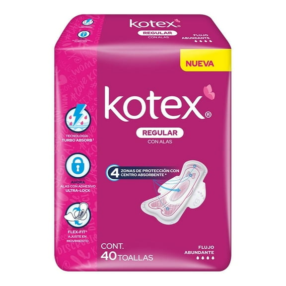 Toallas femeninas Kotex Regular con alas flujo abundante 40 piezas