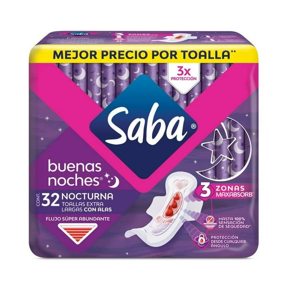 Toallas femeninas Saba Buenas Noches nocturna extra larga con alas flujo súper abundante 32 pzas