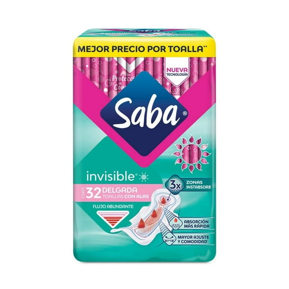 Toallas femeninas Saba Invisible delgada con alas flujo abundante 32 pzas