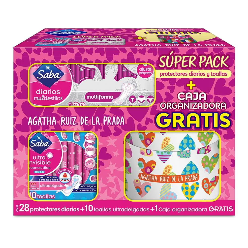 Protectores diarios Saba multiestilos 28 pzas + 10 toallas ultradelgadas +  1 caja Ágatha Ruiz de la Prada | Walmart
