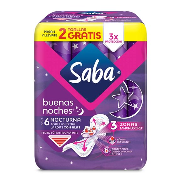 Toallas femeninas Saba Buenas Noches nocturna extra largas con alas flujo súper abundante 6 pzas