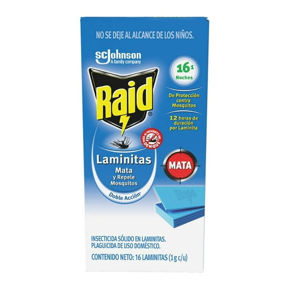 Insecticida Raid laminitas mata y repele mosquitos 16 pzas de 1 g c/u