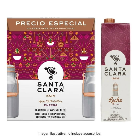 Leche Santa Clara entera caja con 6 pzas de 1 l c/u