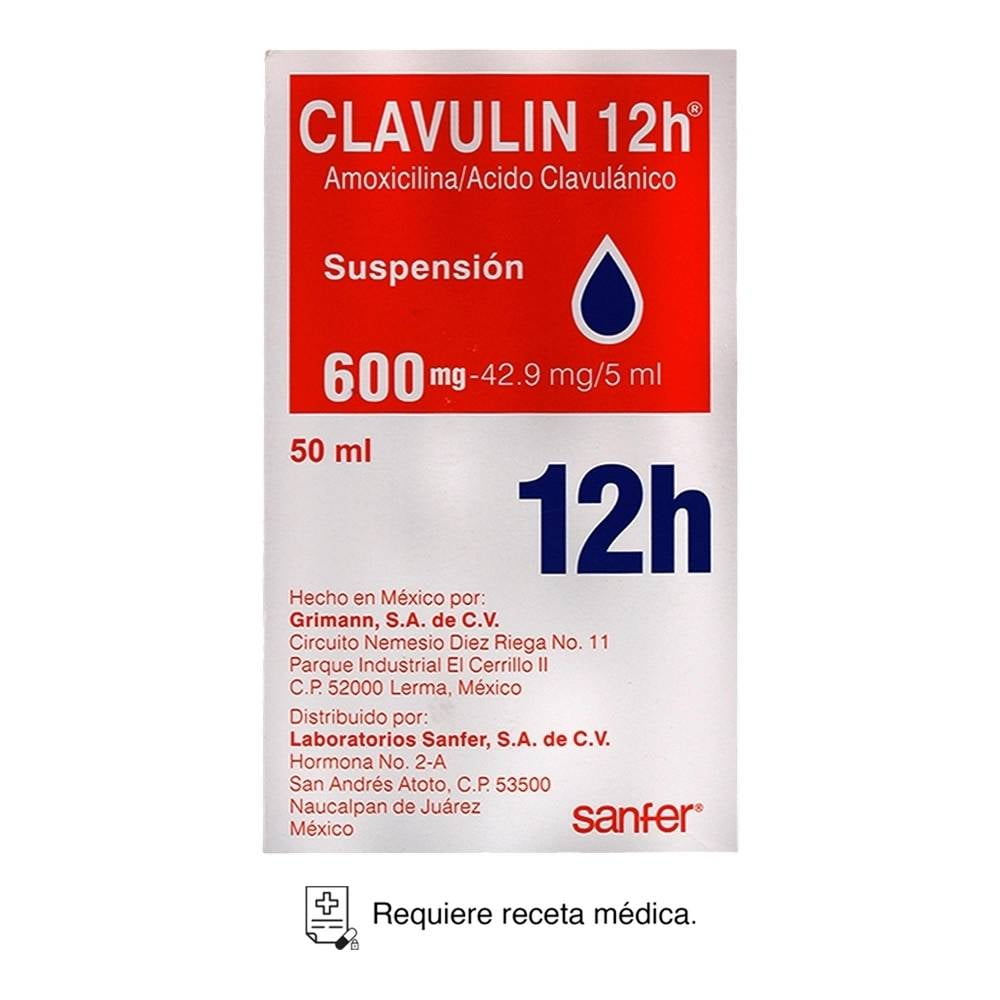 Clavulin 12 h Amoxicilina 600 mg, Ácido Clavulánico 42.9 mg / 5 ml suspensión 50 ml