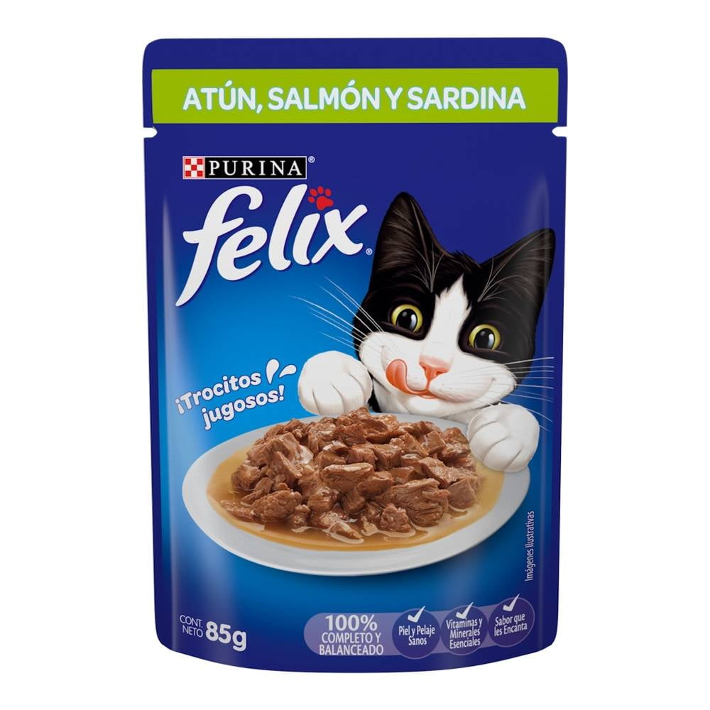 Alimento para Gato Felix ¡Trocitos Jugosos! Atún, Salmón y Sardina 85 g