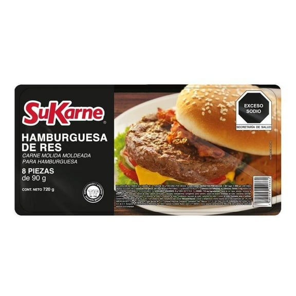 Carne de res para hamburguesa SuKarne congelada 8 pzas de 90 g c/u congelado