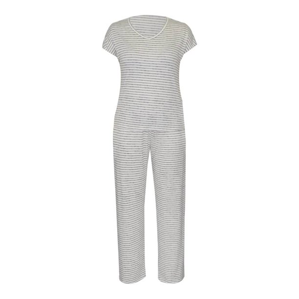 Pijama Simply Basic Talla CH Set Playera Manga Corta y Pantalon Estampado Rayas Gris