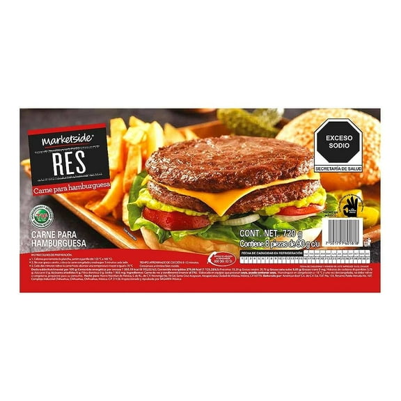 Carne de res Marketside congelada para hamburguesa c/ 8 pzas de 90 g c/u