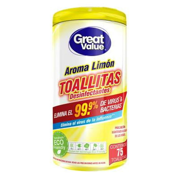 Toallitas desinfectantes Great Value aroma limón 75 pzas