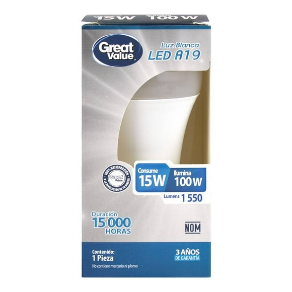 Foco LED Great Value Tipo A19 Luz Blanca 15 W