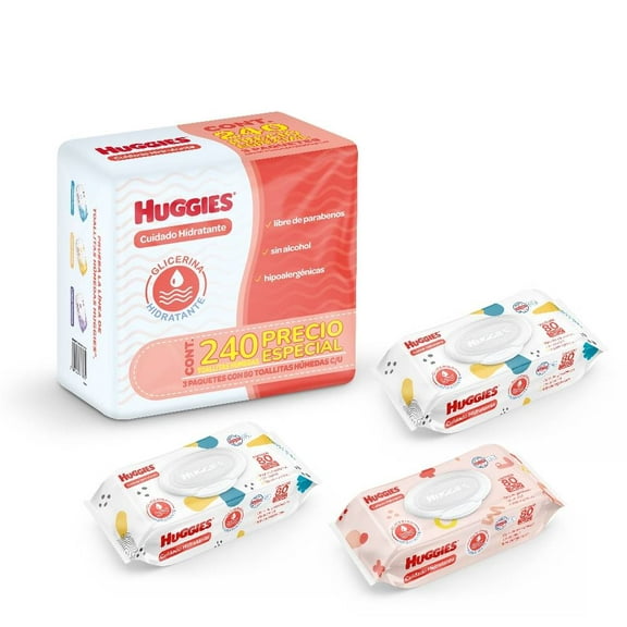 Toallitas húmedas Huggies cuidado hidratante 3 paquetes con 80 pzas c/u
