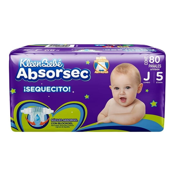 Pañales Kleenbebé Absorsec etapa 5 talla jumbo unisex 80 piezas