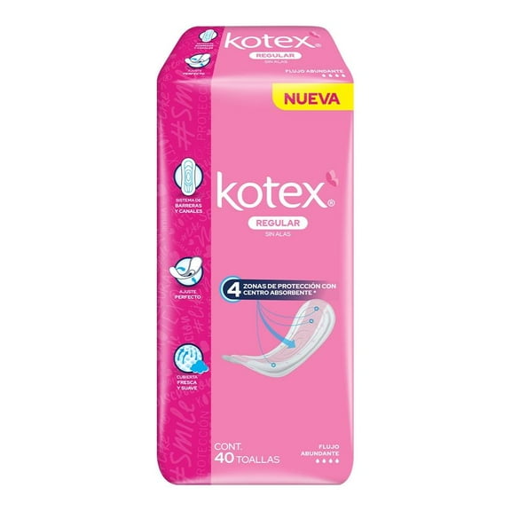 Toallas femeninas Kotex Regular sin alas flujo abundante 40 piezas