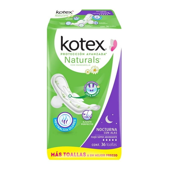 Toallas femeninas Kotex Naturals con manzanilla nocturna con alas flujo súper abundante 36 pzas