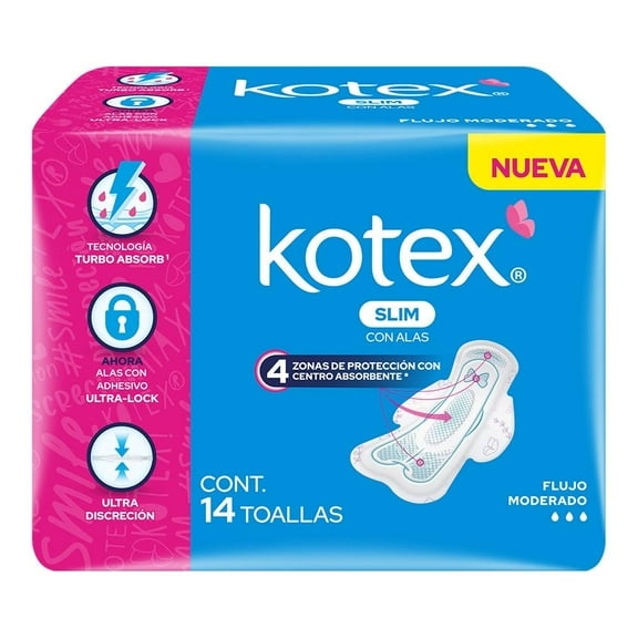 Toallas femeninas Kotex Slim ultradelgada con alas flujo moderado 14 piezas