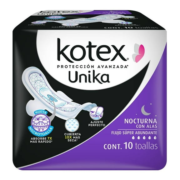 Toallas femeninas Kotex Unika nocturna flujo súper abundante con alas 10 pzas