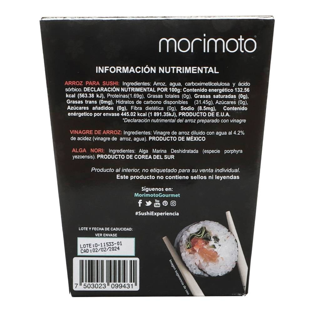 Kit para sushi Morimoto 1 paquete con arroz, vinare de arroz, alga nori,  salsa ponzu, galleta de la suerte, makisu, ohashi