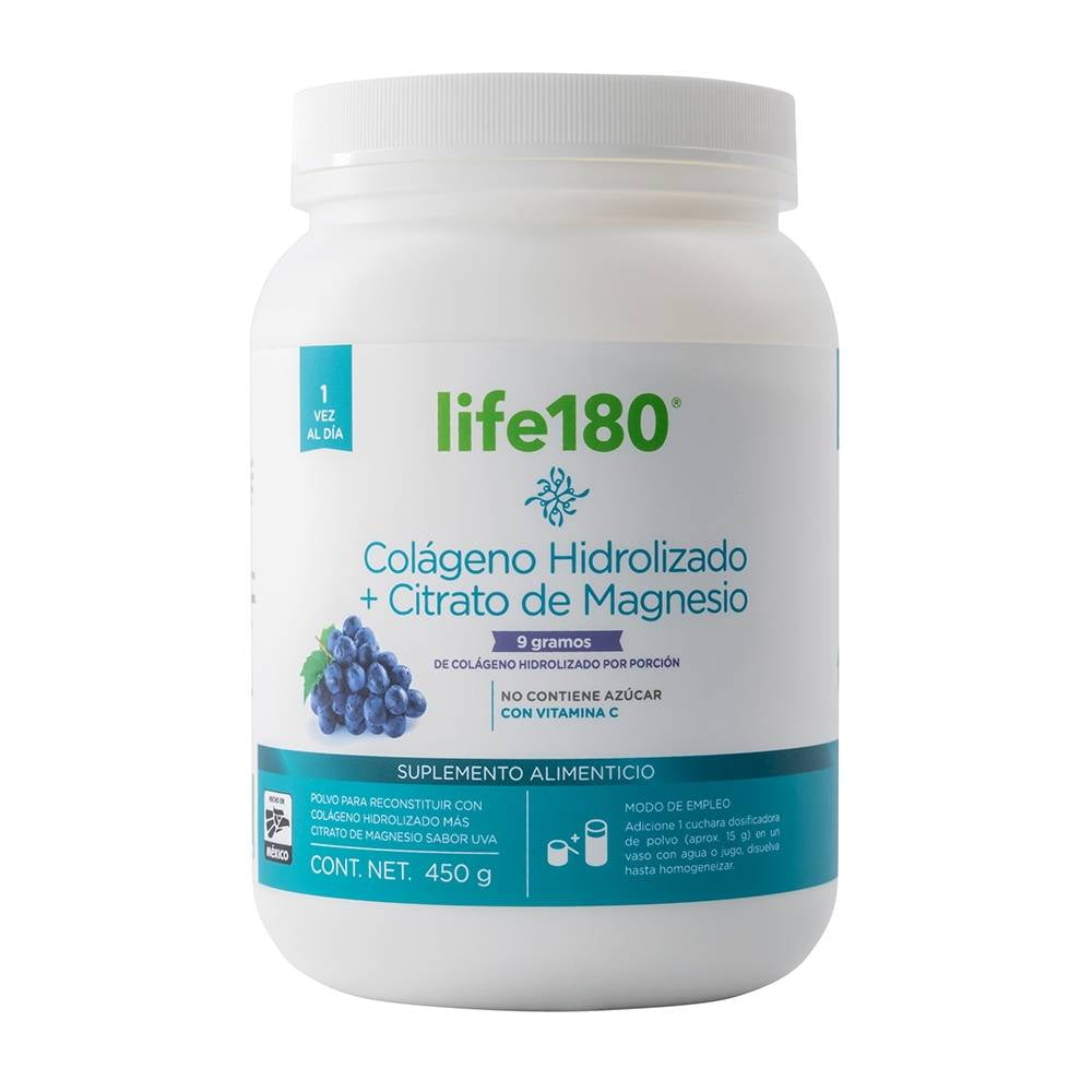 Suplemento alimenticio life180 colágeno hidrolizado + citrato de magnesio en polvo sabor uva 450 g