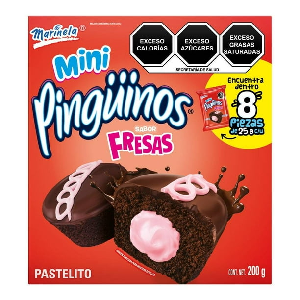 Mini pastelitos Pingüinos Marinela sabor fresa 8 pzas de 25 g c/u