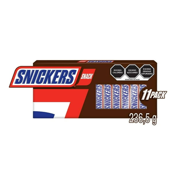 Chocolate con leche Snickers snack 11 pzas de 21.5 g c/u