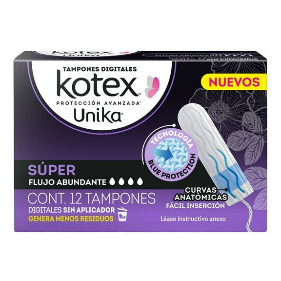 Tampones Kotex Unika súper flujo abundante 12 pzas