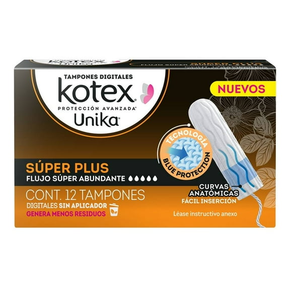 Tampones Kotex Unika súper plus flujo súper abundante 12 pzas