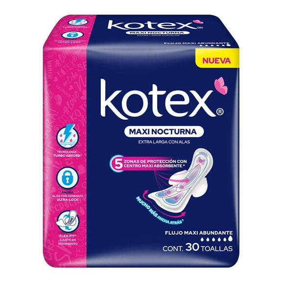 Toallas femeninas Kotex Maxi Nocturna extra larga con alas flujo maxi abundante 30 piezas