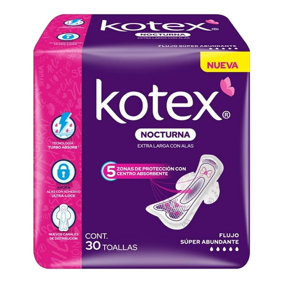 Toallas femeninas Kotex Nocturna extra larga con alas flujo súper abundante 30 piezas