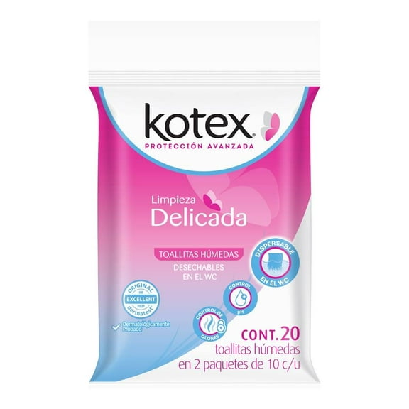 Toallitas húmedas Kotex limpieza delicada 2 paquetes de 10 c/u