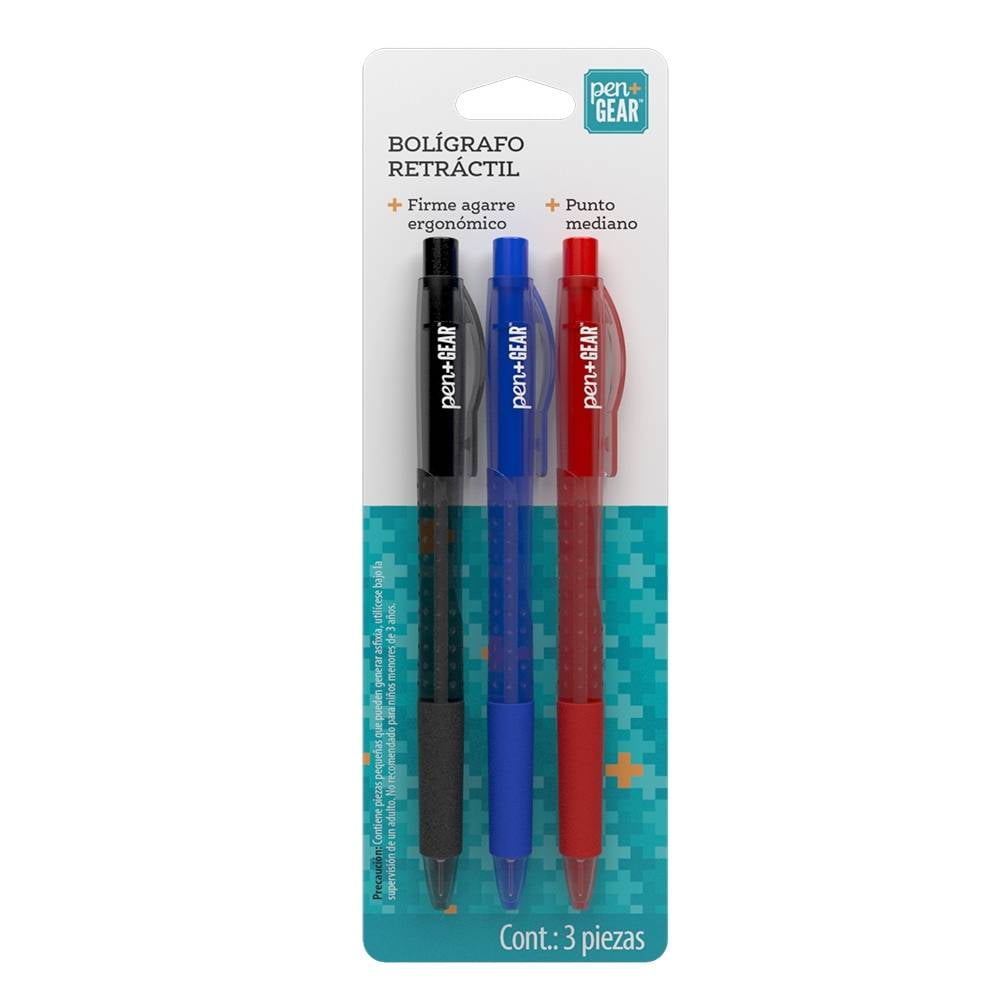 Bolígrafos Retráctiles Pen+Gear 3 Piezas Colores Básicos Negro, Azul y Rojo