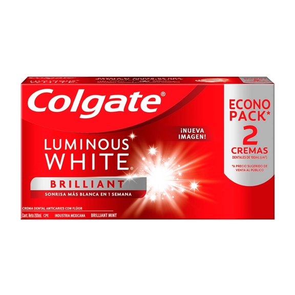 Pasta dental Colgate Luminous White blanqueadora brilliant 2 pzas de 100 ml c/u