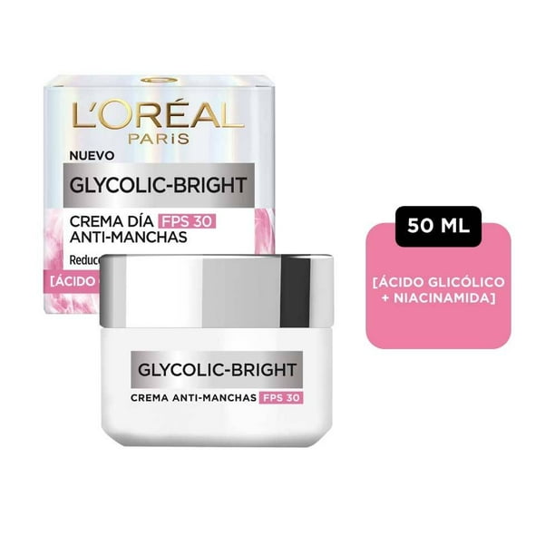 Crema facial L'Oréal Paris Glycolic Bright día antimanchas FPS 30 ácido glicólico, niacinamida 50 ml