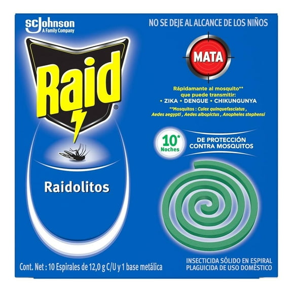 Insecticida Raid sólido verde 10 espirales de 12 g c/u y base metálica