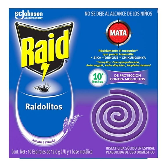 Insecticida Raid sólido morado lavanda 10 espirales de 12 g c/u y base metálica