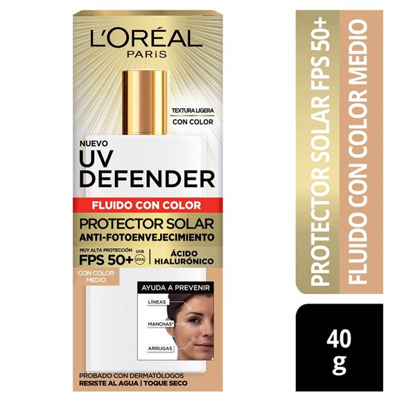 Protector solar L'Oréal UV Defender FPS 50+ antifotoenvejecimiento con color medio 40 g