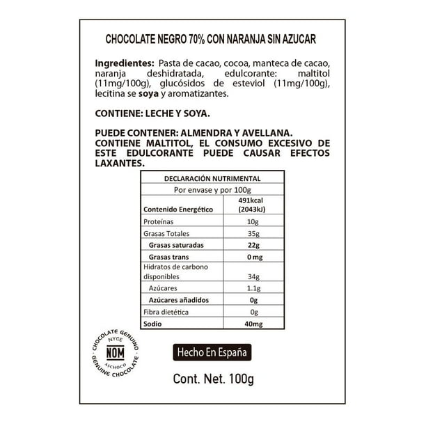 Chocolate sin azúcar Valor (35 g), Chocolate negro