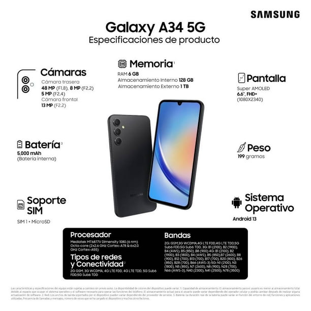 Samsung Galaxy A34 5G, 128GB desbloqueado, color negro