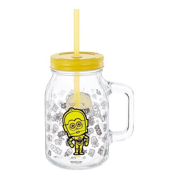 Mason Jar Star Wars de Vidrio con Tapa y Popote de Star Wars de 590 ml.