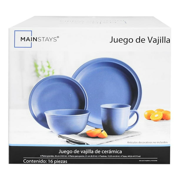 Juego De Vajilla 16 Pcs Azul Moderno Ceramica Completo Para 4